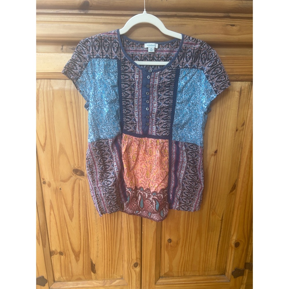 Sundance Patchwork Paisley Cotton Henley Top Blue Orange Boho‎ Cap Sleeve